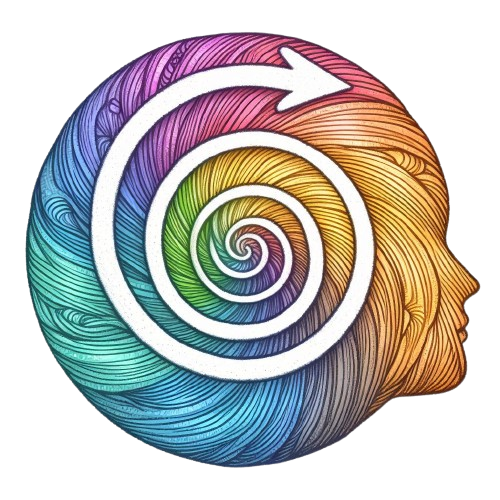 Symbolische Illustration einer farbigen Spirale mit einem nach außen führenden Pfeil – sie steht für den Weg aus der Negativspirale hin zu innerer Klarheit, Lebensfreude und Selbstbestimmung. Sanfte Farben, harmonisch und hoffnungsvoll gestaltet.